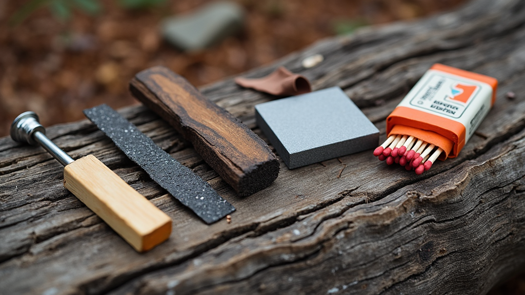Selection of emergency fire starters on a wooden surface. Matches, ferro rods, waterproof tinder, magnesium blocks, and lighters